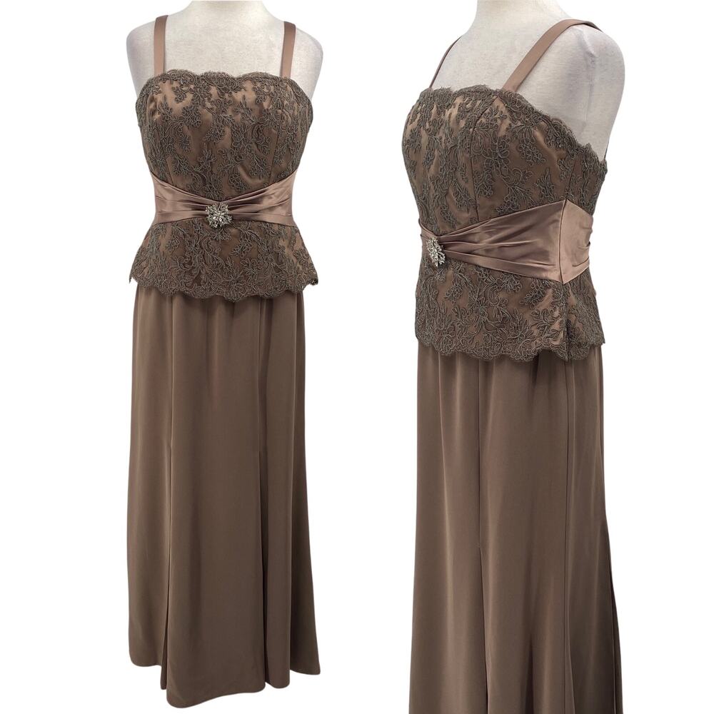 Montage by Mon Cheri Gown Lace Peplum Corseted Bodice Satin Trim Taupe Womens 10
